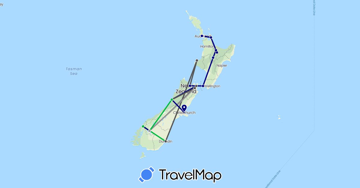 TravelMap itinerary: driving, bus, plane, motorbike in New Zealand (Oceania)