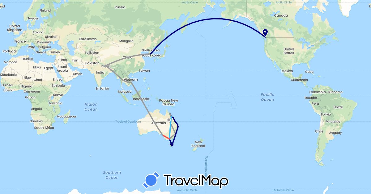 TravelMap itinerary: driving, plane, hiking, boat in Australia, Canada, Indonesia, Cambodia, South Korea, Nepal, Thailand, Vietnam (Asia, North America, Oceania)