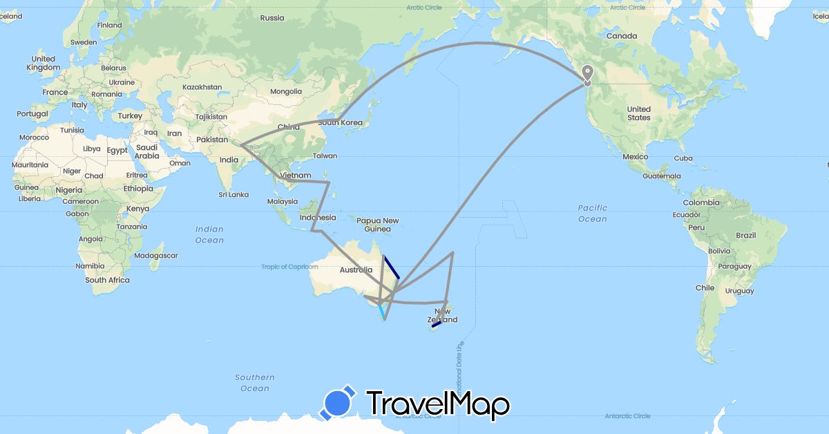 TravelMap itinerary: driving, plane, boat in Australia, Canada, Fiji, Indonesia, Cambodia, South Korea, Nepal, New Zealand, Philippines, Thailand, Vietnam (Asia, North America, Oceania)