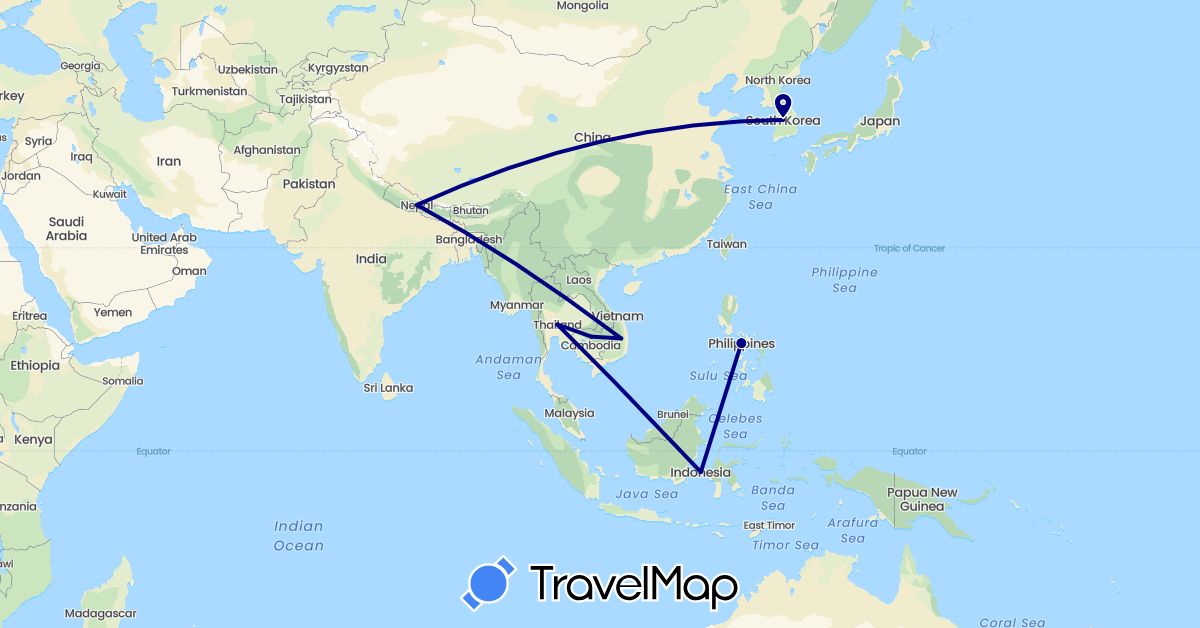 TravelMap itinerary: driving in Indonesia, Cambodia, South Korea, Nepal, Philippines, Thailand, Vietnam (Asia)